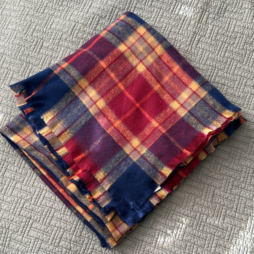 Plaid Tartan Fringe Blanket Scarf in Navy, Red & Mustard